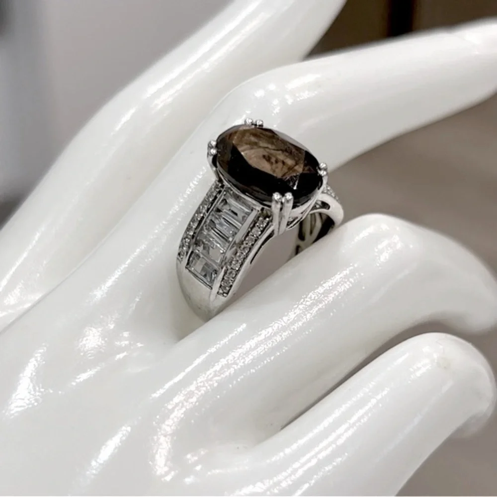 Chocolate Sapphire White Topaz Sterling Silver Ring Sz 8